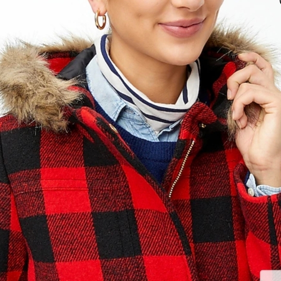 NEW J. Crew Vail Parka Buffalo Plaid Wool BC287 Pea Coat Classic Hooded Faux Fur - Picture 2 of 16
